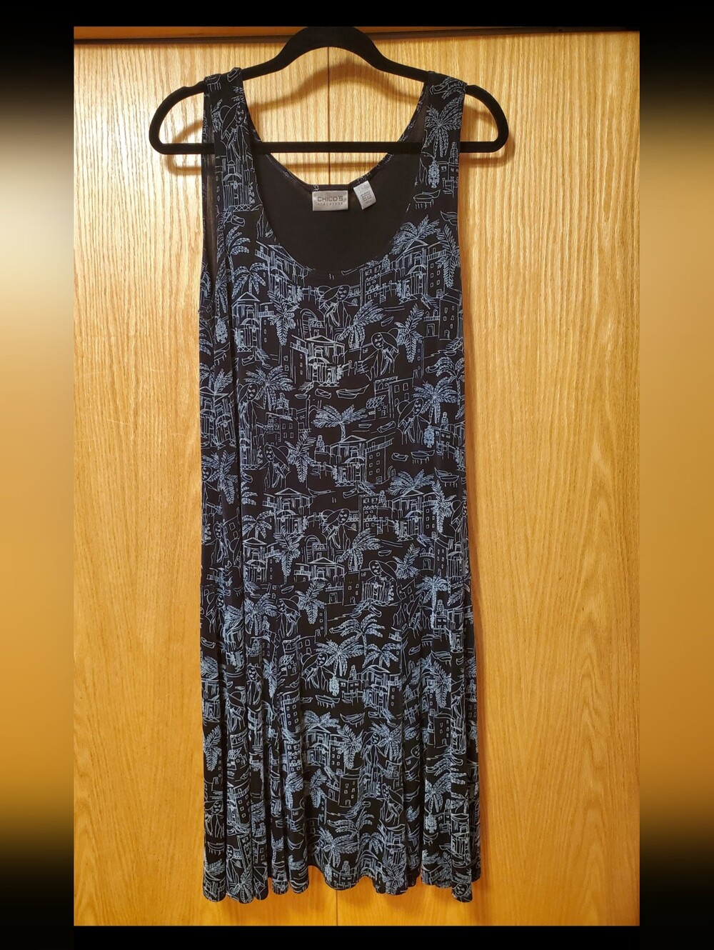 Chico's Travelers Sleeveless Dress With Cityscape and Palm Print
